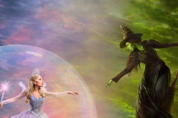 Princess in a silver ball gown and crown reaches toward a green-skinned witch on a broom, inside a large magical bubble against a colorful sky.