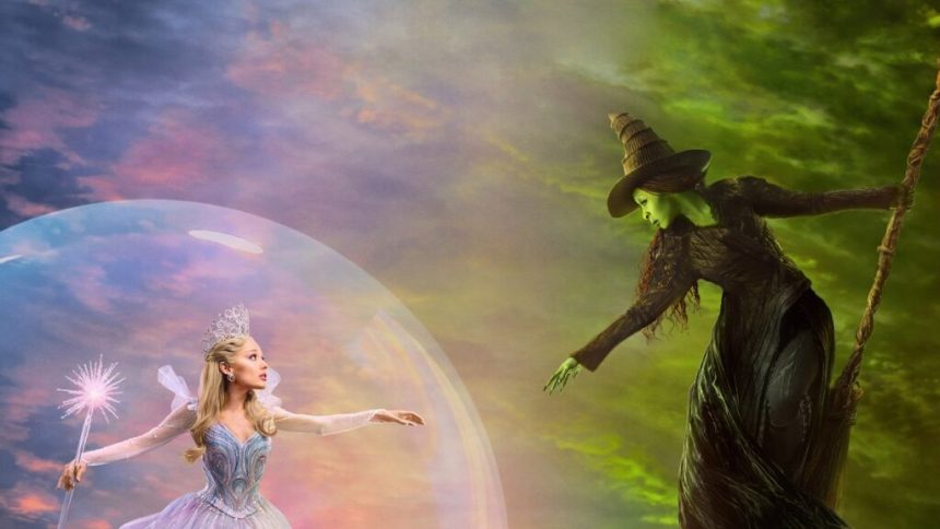 Princess in a silver ball gown and crown reaches toward a green-skinned witch on a broom, inside a large magical bubble against a colorful sky.